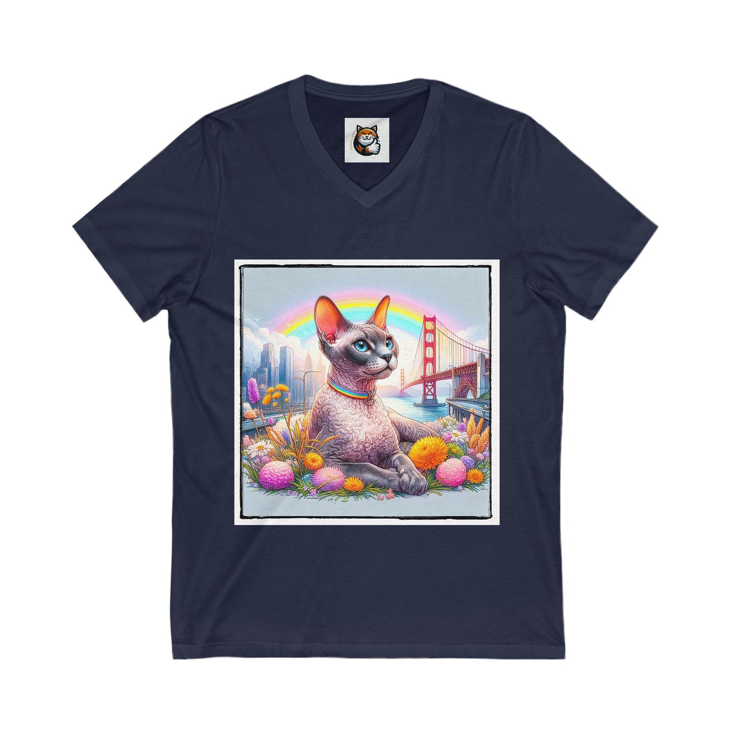 Devon Rex Cat rainbow  Jersey Short Sleeve V-Neck Tee