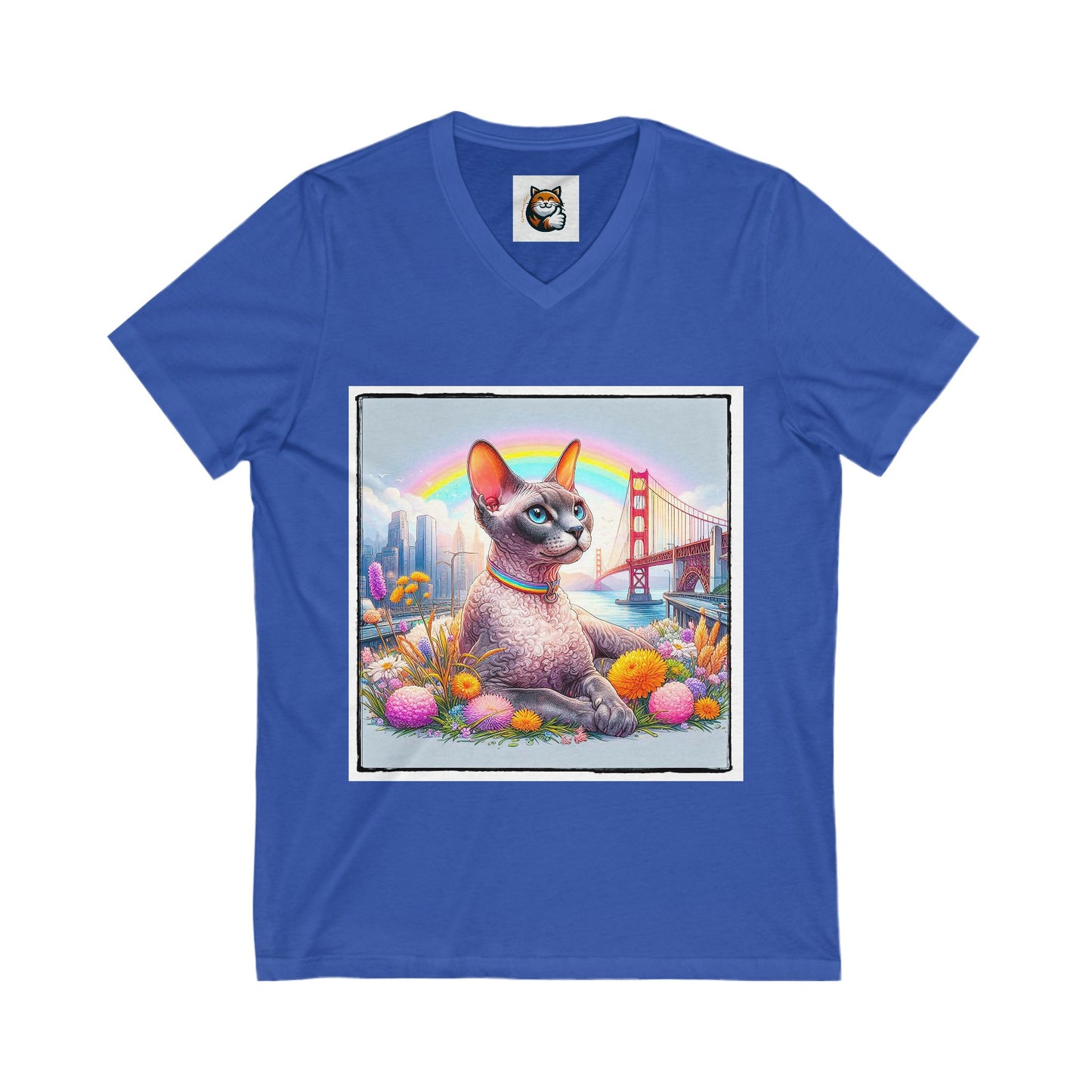 Devon Rex Cat rainbow  Jersey Short Sleeve V-Neck Tee