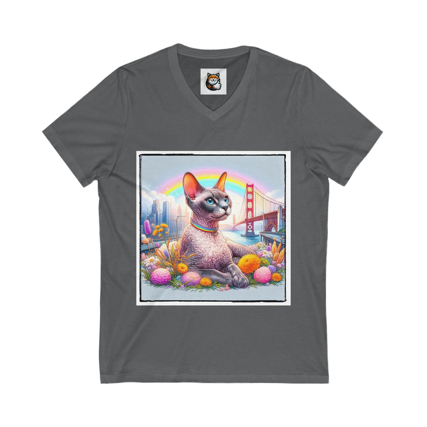 Devon Rex Cat rainbow  Jersey Short Sleeve V-Neck Tee