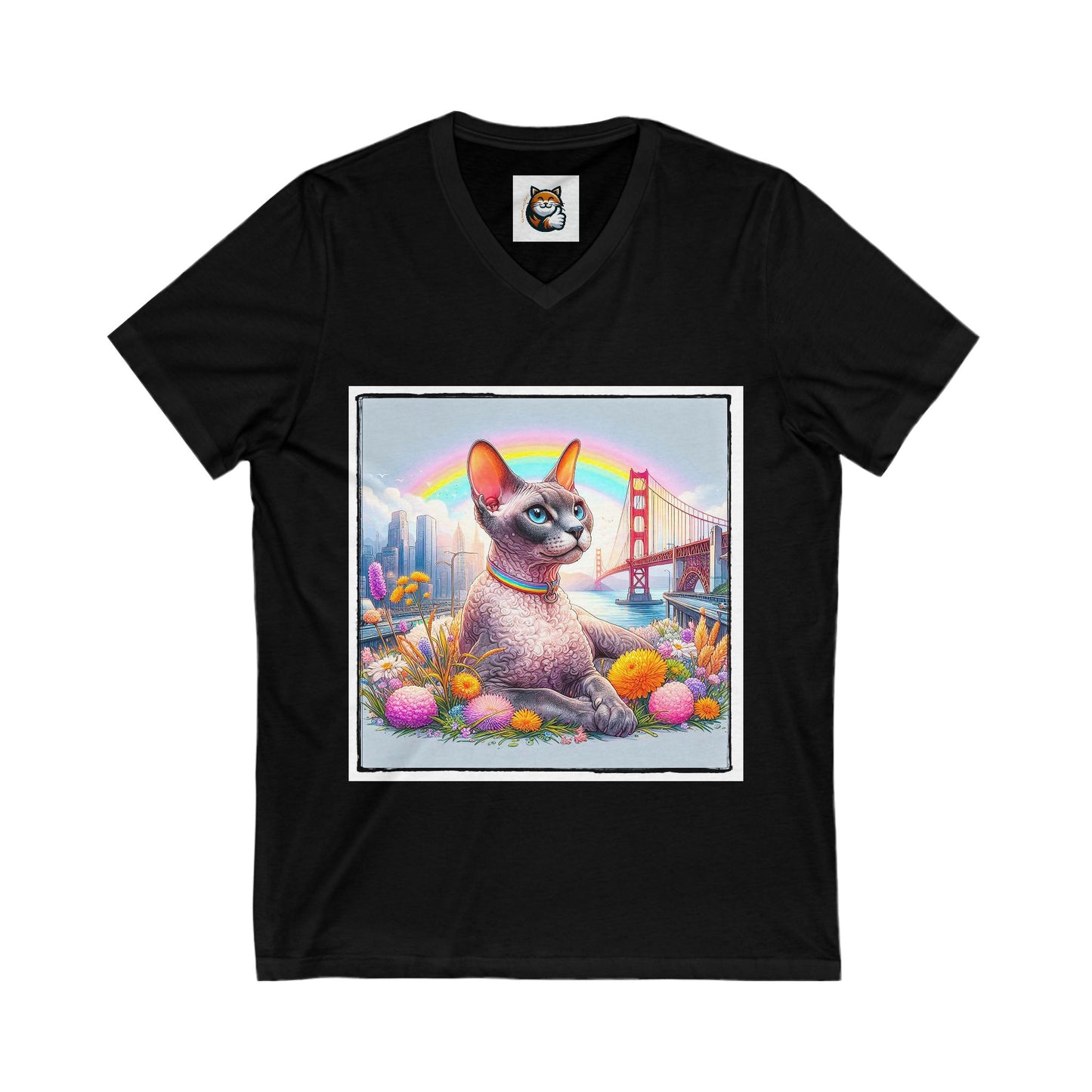 Devon Rex Cat rainbow  Jersey Short Sleeve V-Neck Tee
