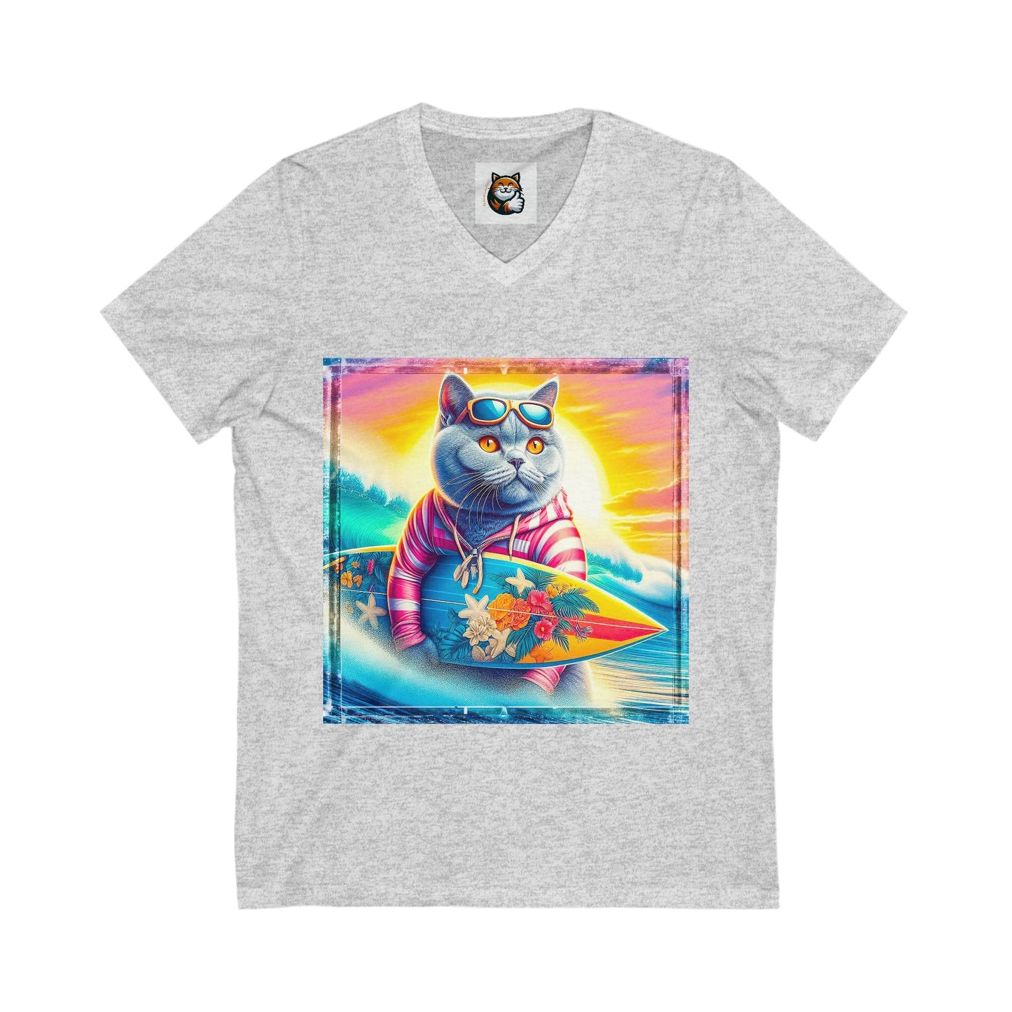 British Shorthair surfing Jersey Short Sleeve V-Neck Tee