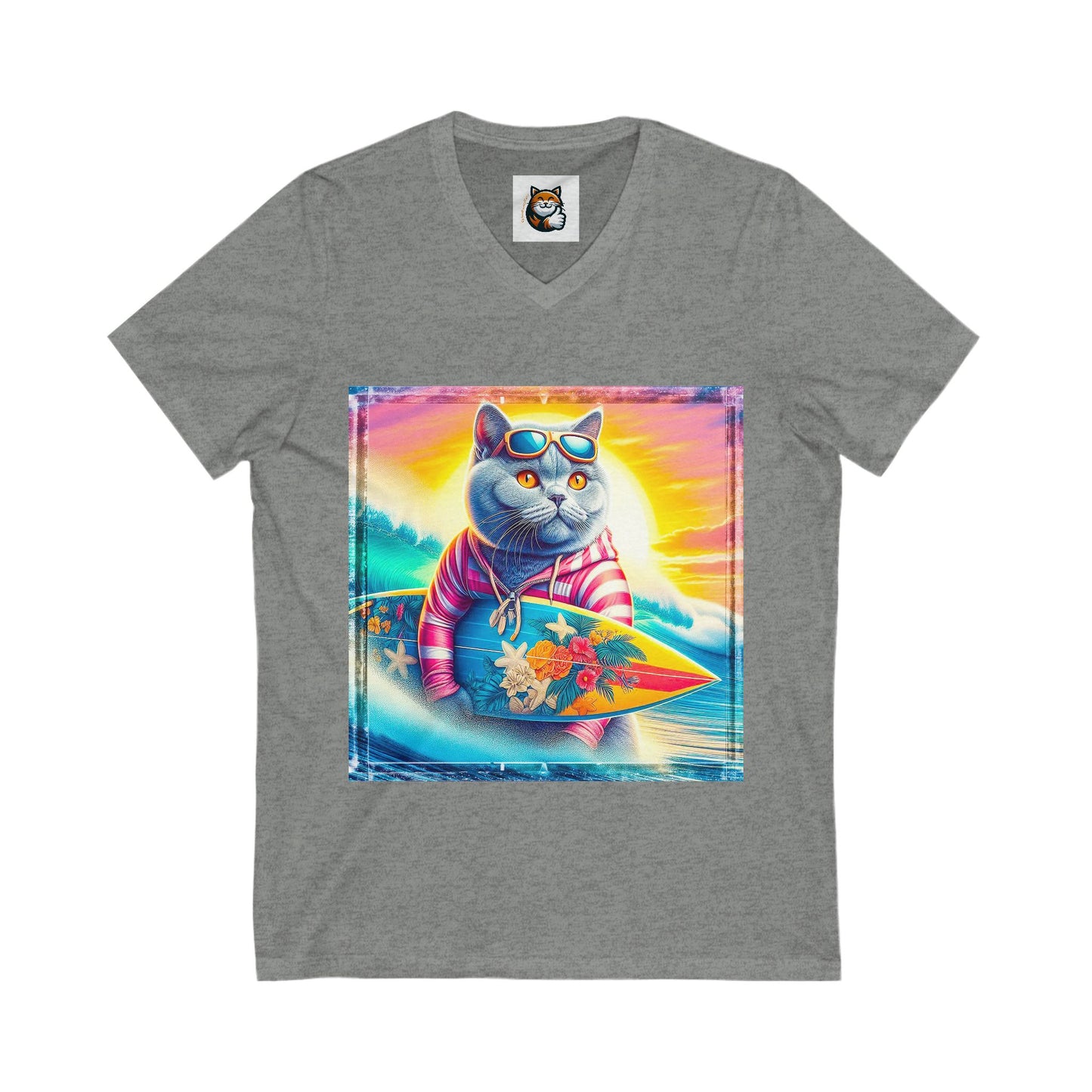 British Shorthair surfing Jersey Short Sleeve V-Neck Tee