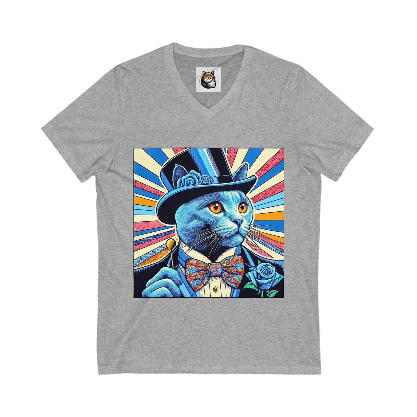 Russian Blue Cat top hat Cutie Short Sleeve V-Neck Tee