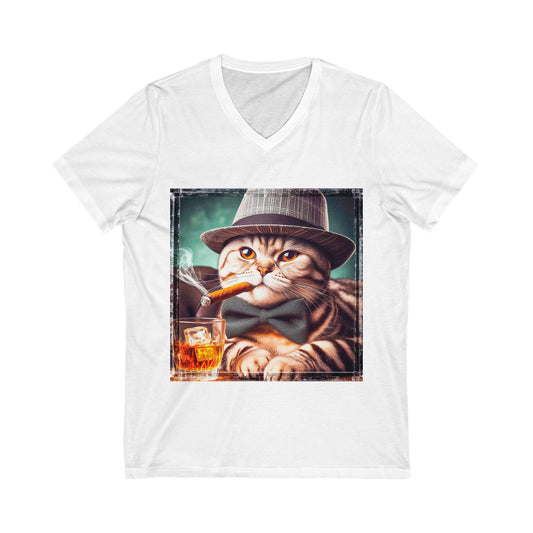 American Shorthair bow tie and hat Jersey Short Sleeve V-Neck Tee