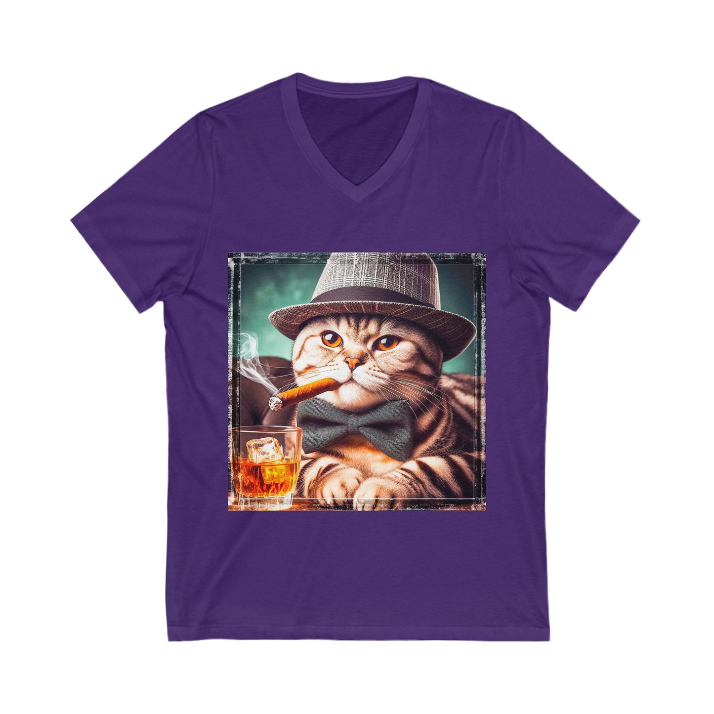 American Shorthair bow tie and hat Jersey Short Sleeve V-Neck Tee