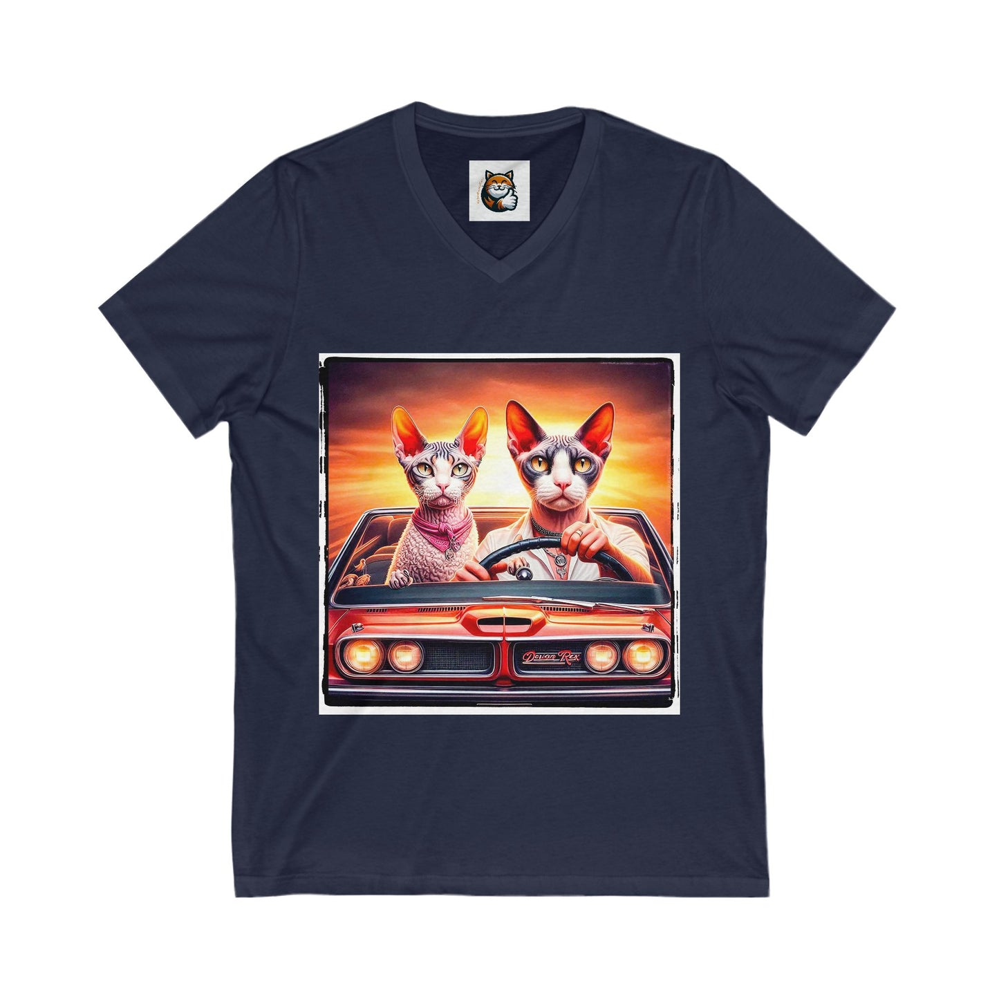 Wacky Devon Rex Cat driving car  Jersey Short Sleeve V-Neck Tee