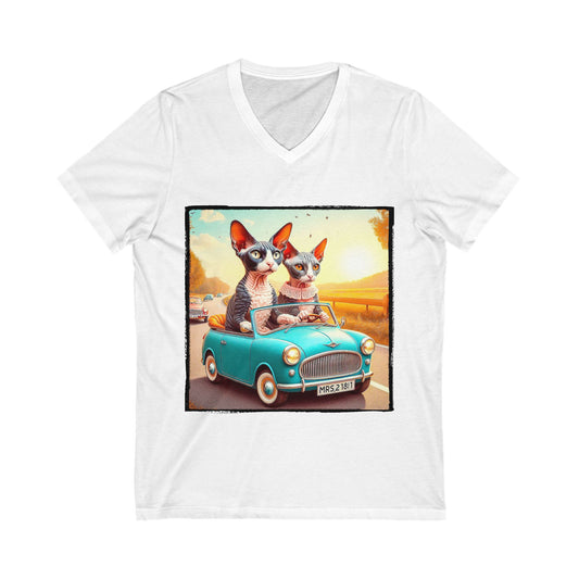 Wacky Cornish Rex Cat tiny car V-Neck Tee