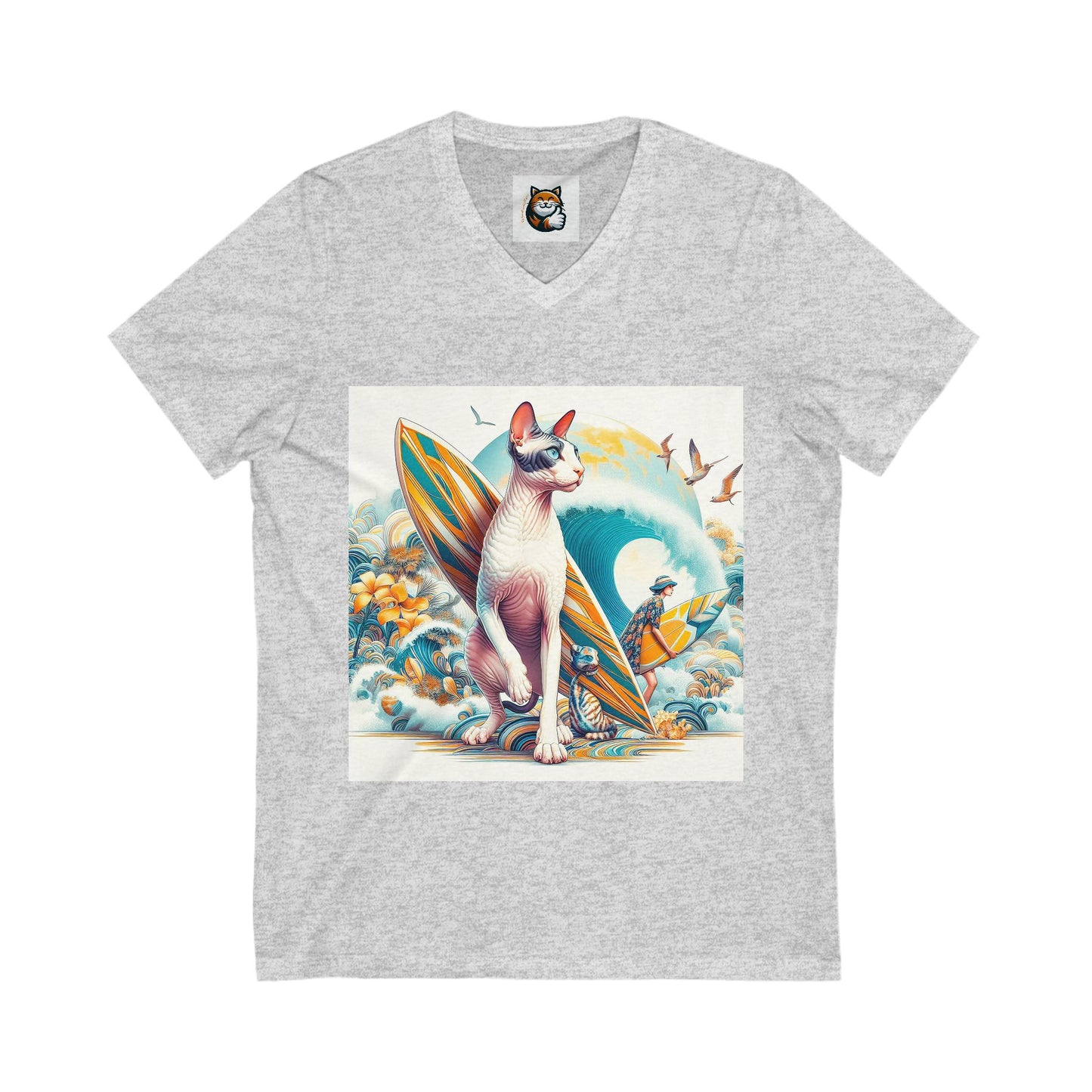 Cornish Rex Cat  surfing beauty Sleeve V-Neck Tee