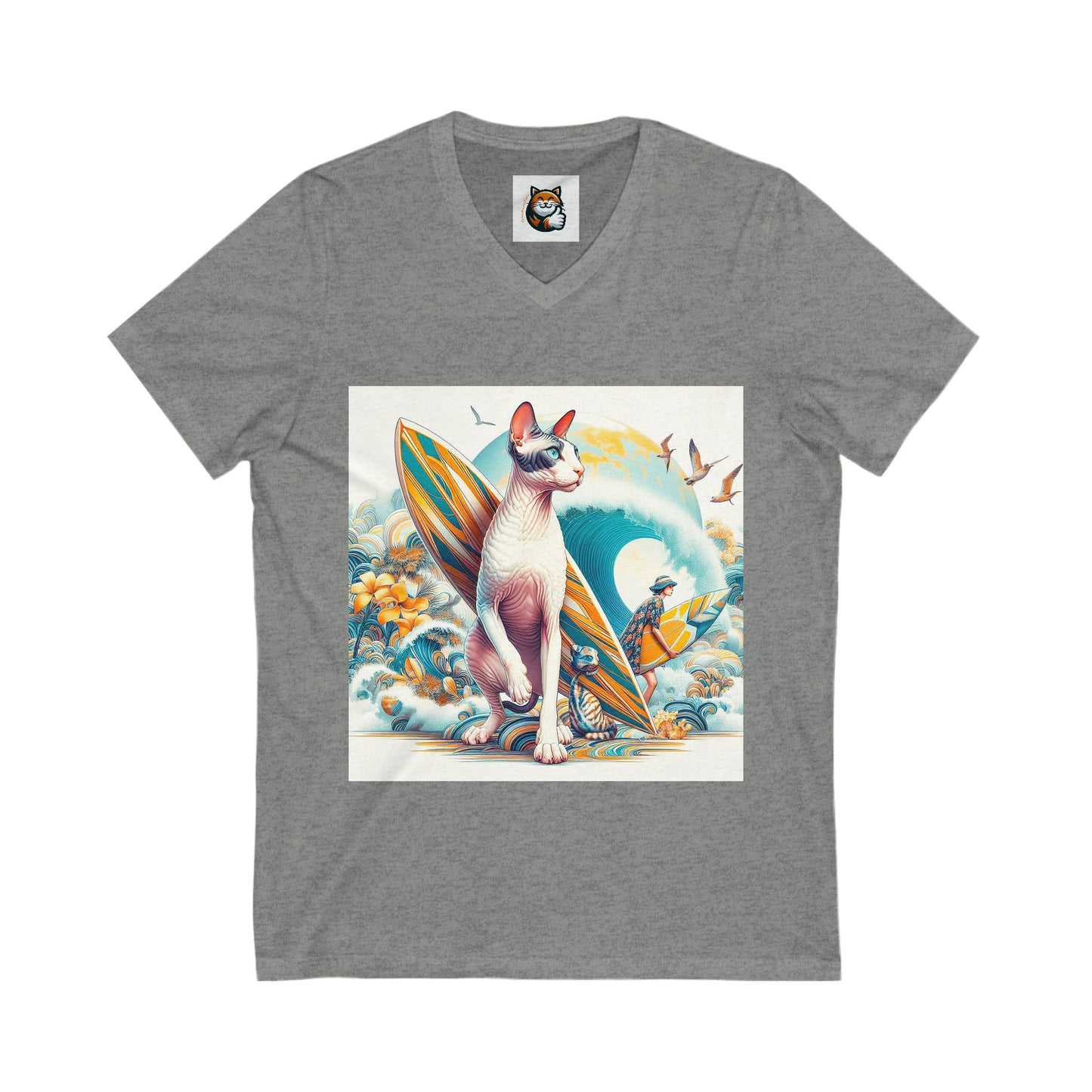 Cornish Rex Cat  surfing beauty Sleeve V-Neck Tee