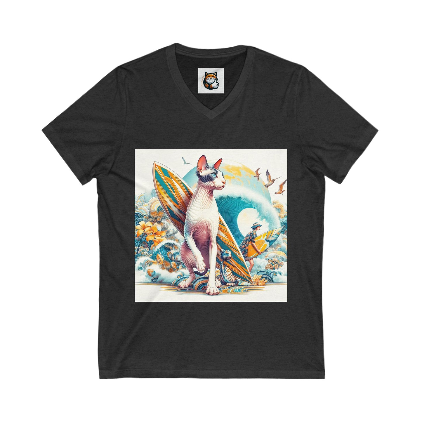 Cornish Rex Cat  surfing beauty Sleeve V-Neck Tee