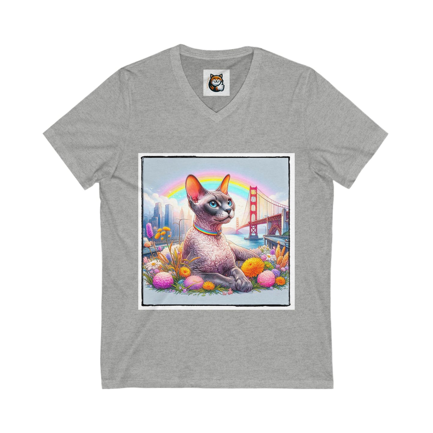 Devon Rex Cat rainbow  Jersey Short Sleeve V-Neck Tee