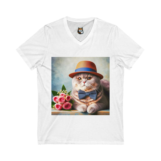 British Shorthair hat and bow  Unisex Jersey Short Sleeve V-Neck Tee