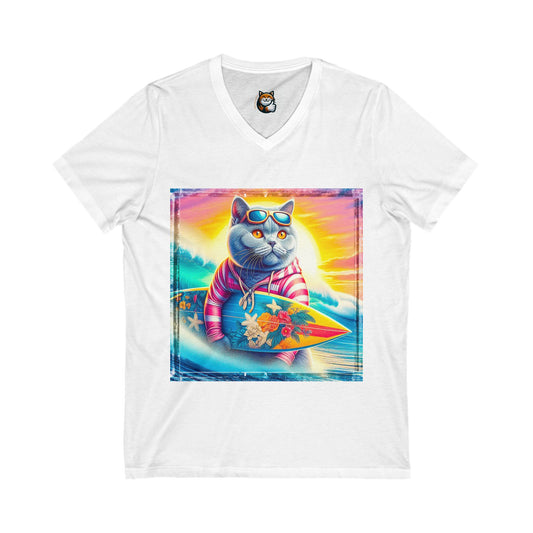 British Shorthair surfing Jersey Short Sleeve V-Neck Tee