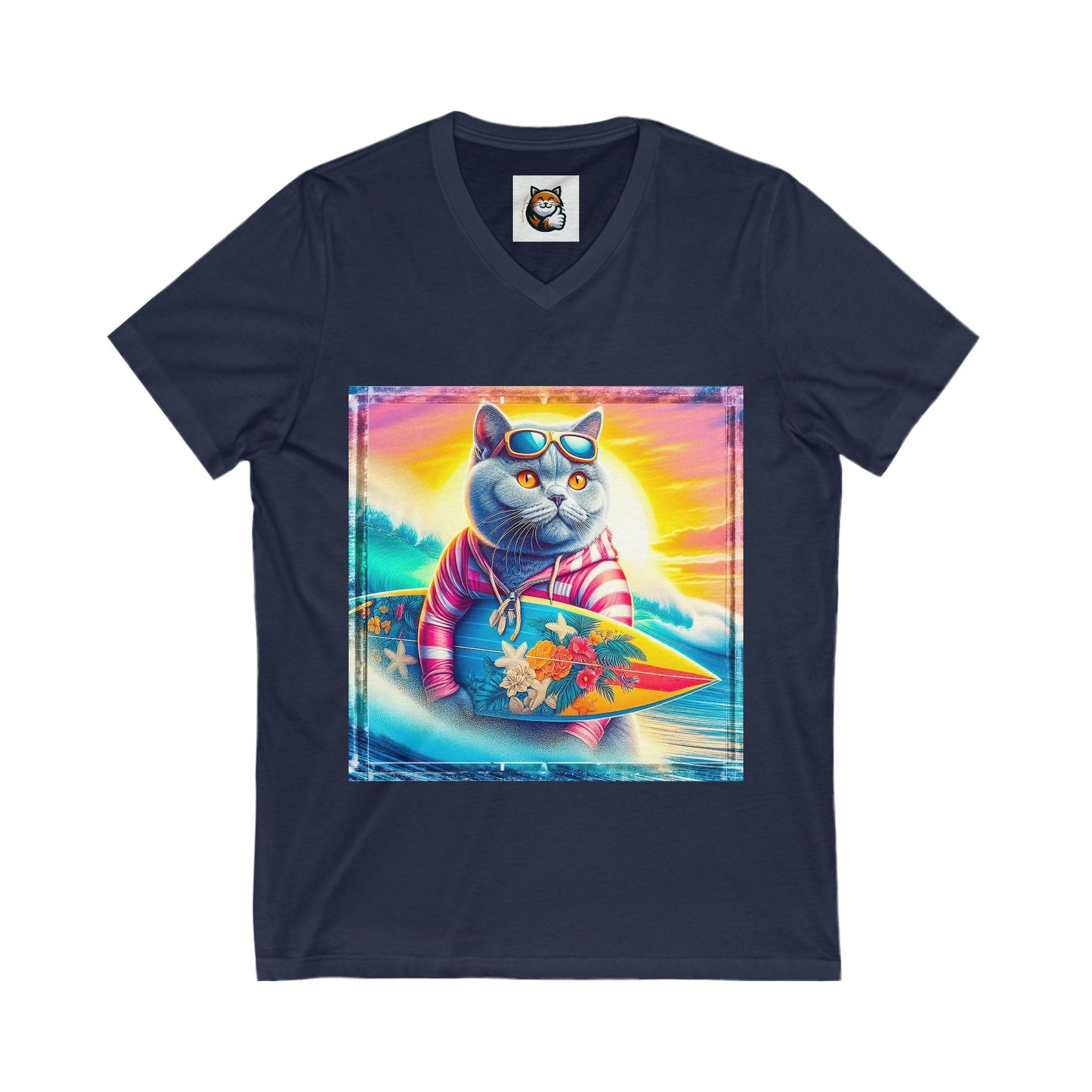 British Shorthair surfing Jersey Short Sleeve V-Neck Tee
