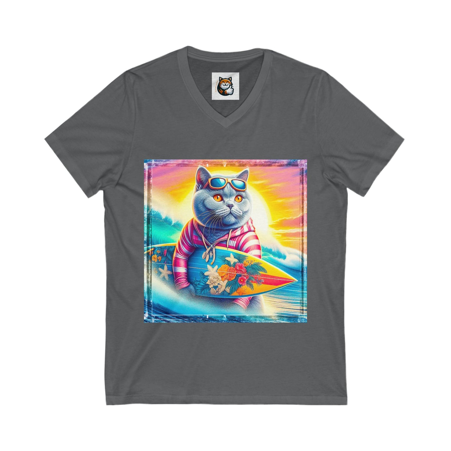 British Shorthair surfing Jersey Short Sleeve V-Neck Tee