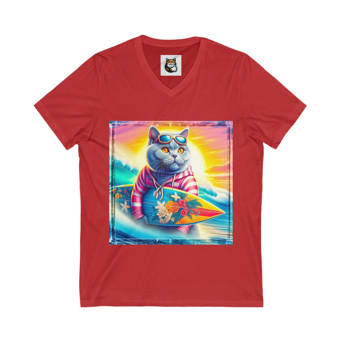 British Shorthair surfing Jersey Short Sleeve V-Neck Tee