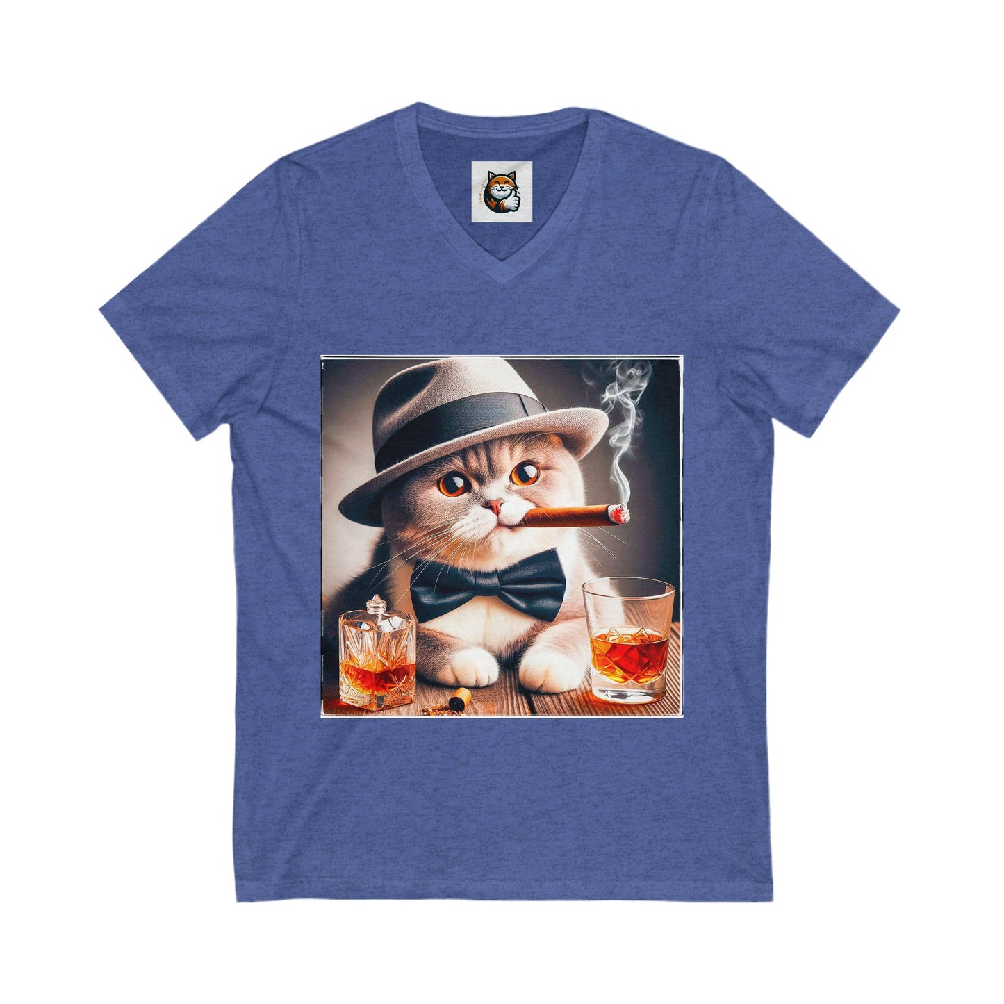 British Shorthair hat and bow tie Jersey Short Sleeve V-Neck Tee