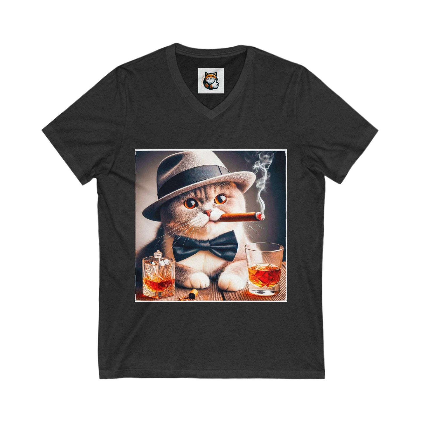 British Shorthair hat and bow tie Jersey Short Sleeve V-Neck Tee