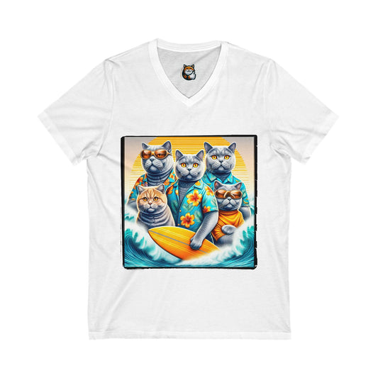 British Shorthair family surfers Jersey Short Sleeve V-Neck Tee