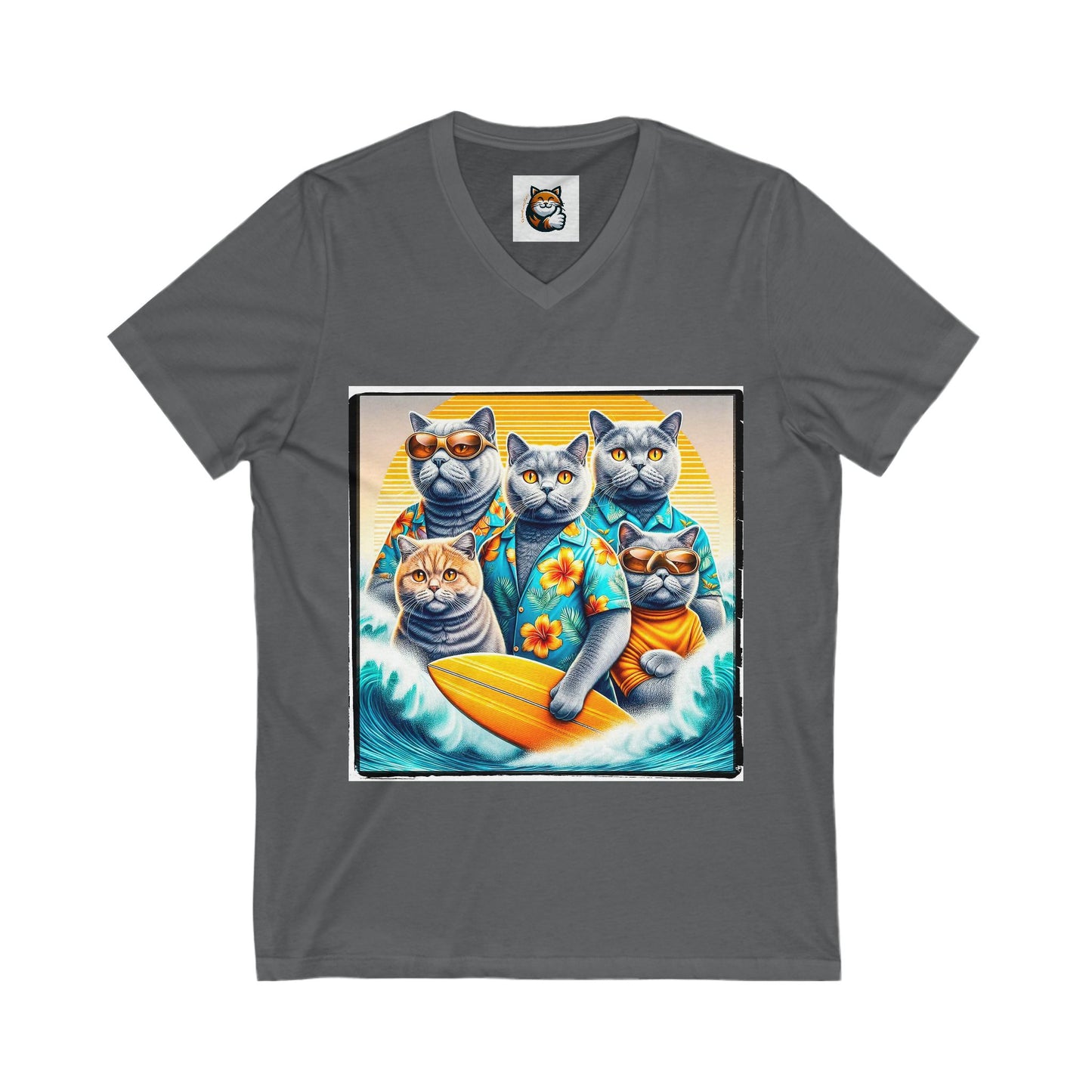 British Shorthair family surfers Jersey Short Sleeve V-Neck Tee