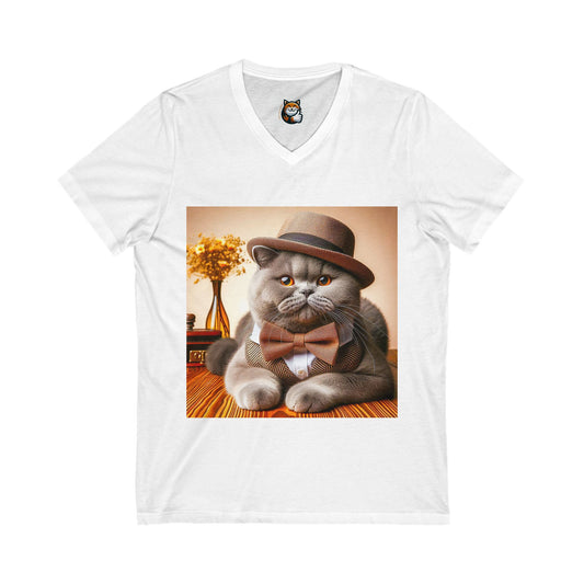 British Shorthair hat and bow Jersey Short Sleeve V-Neck Tee