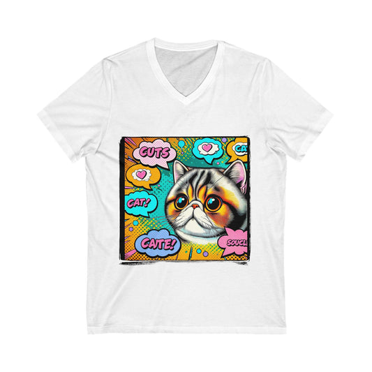 Exotic Shorthair comic book cutie  Short Sleeve V-Neck Tee
