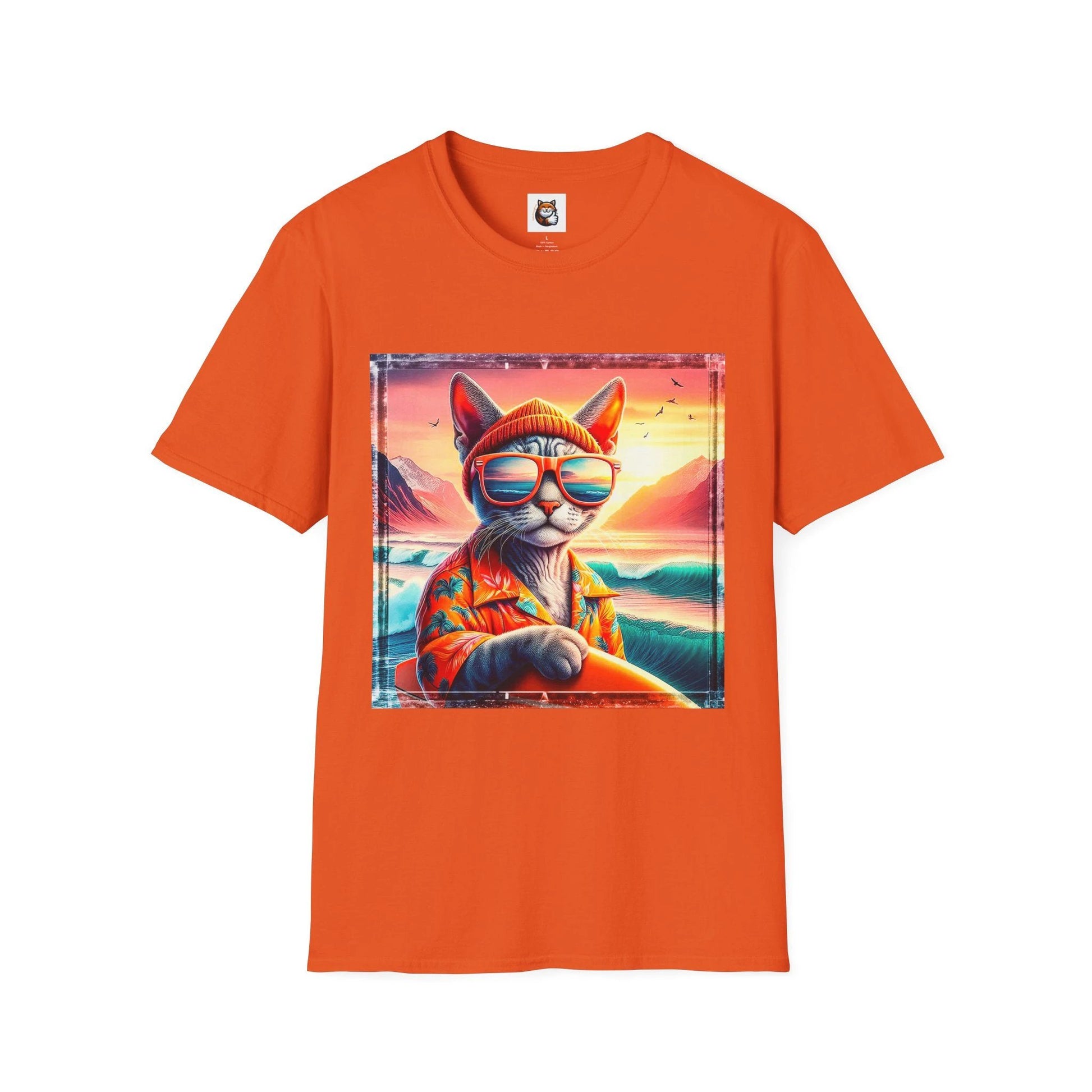 Devon Rex Cat surfs up Softstyle T-Shirt by Printify