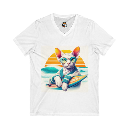 Devon Rex surfing  baby Unisex Jersey Short Sleeve V-Neck Tee