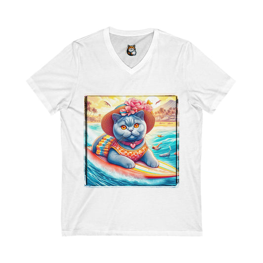 British Shorthair surfer Jersey Short Sleeve V-Neck Tee