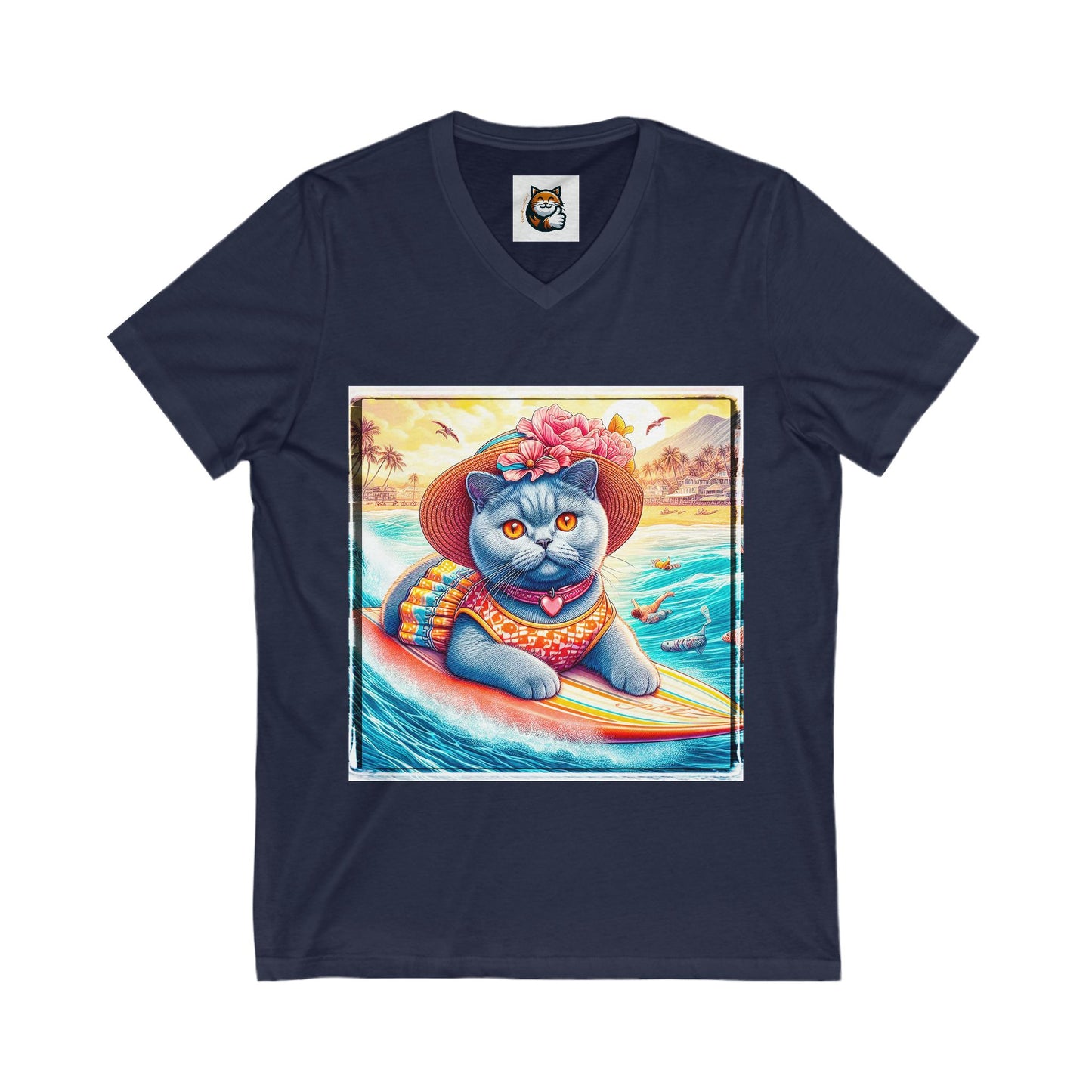 British Shorthair surfer Jersey Short Sleeve V-Neck Tee