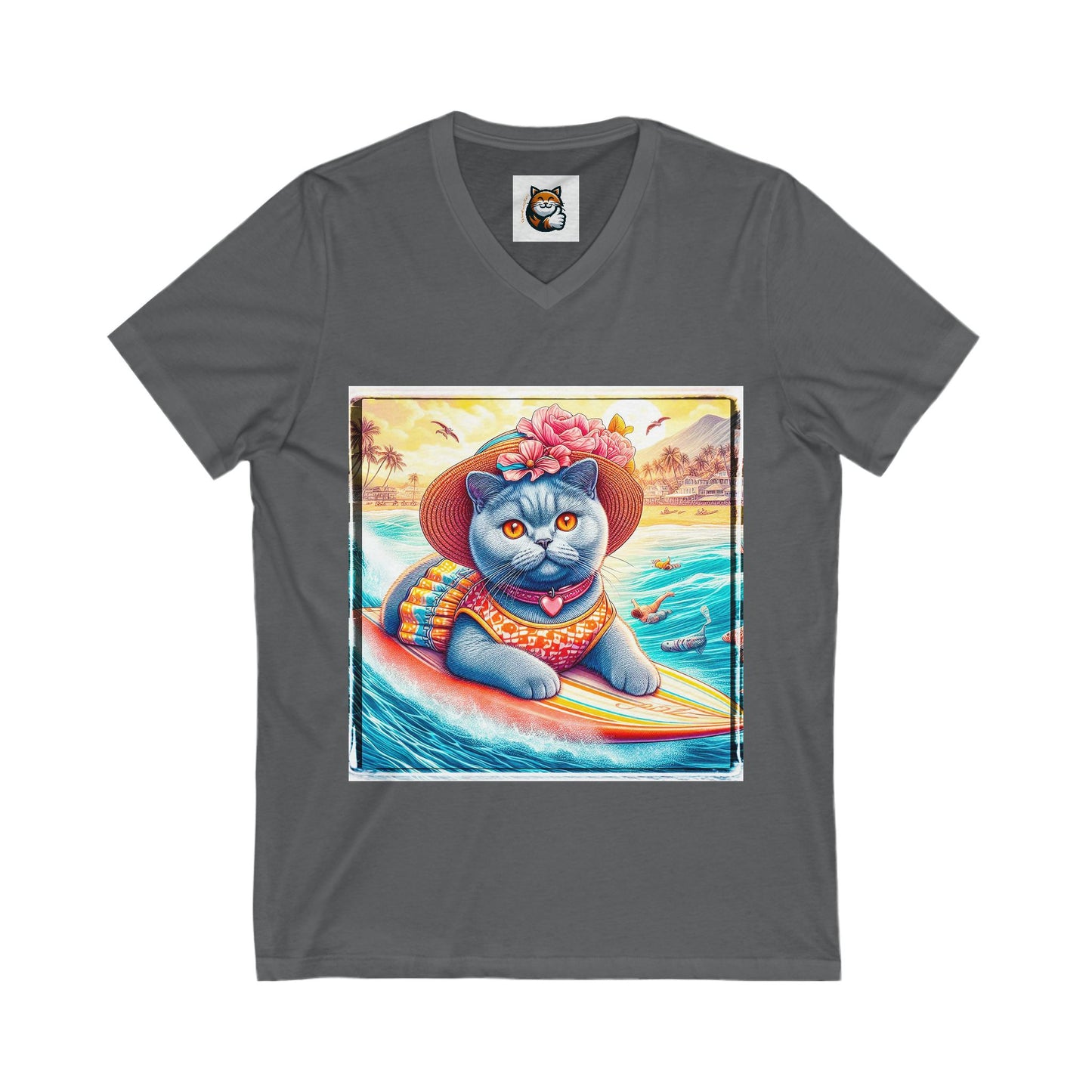 British Shorthair surfer Jersey Short Sleeve V-Neck Tee