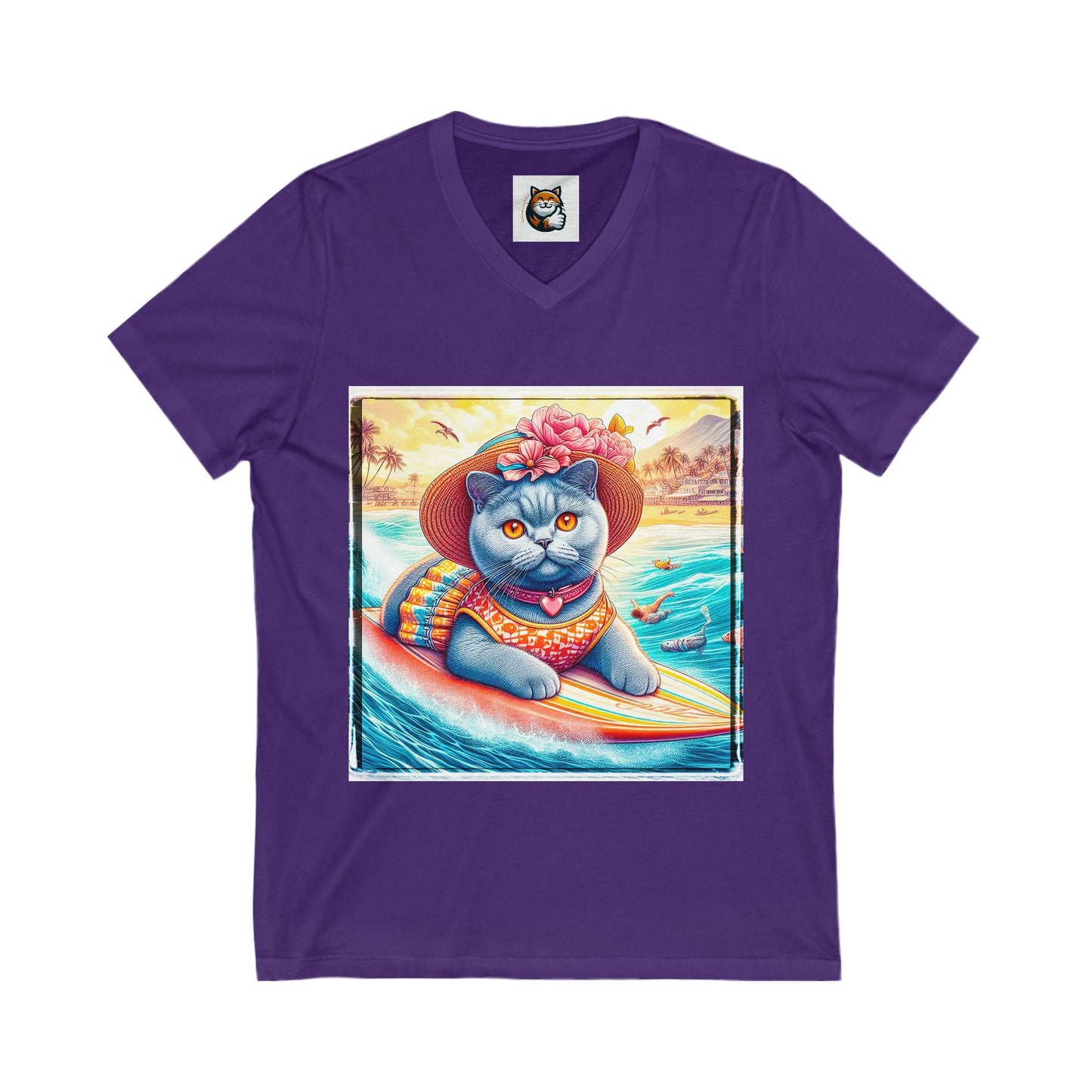 British Shorthair surfer Jersey Short Sleeve V-Neck Tee