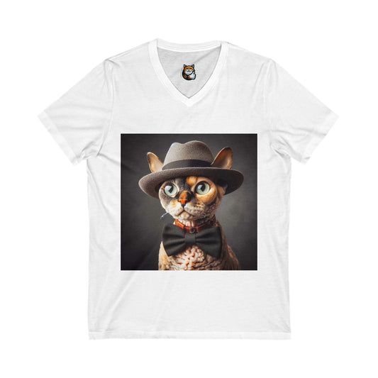 Devon Rex Cat hat and bow Jersey Short Sleeve V-Neck Tee
