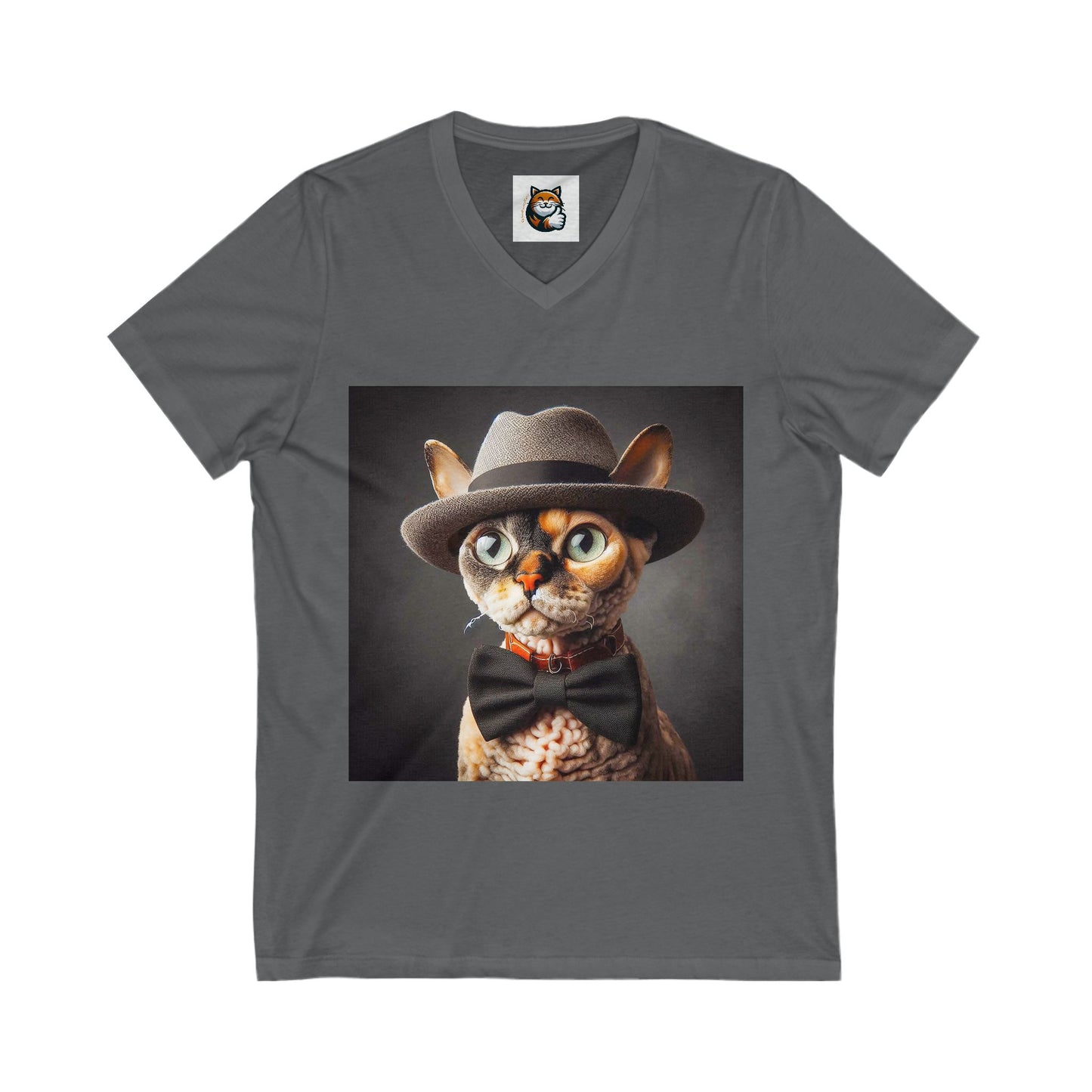 Devon Rex Cat hat and bow Jersey Short Sleeve V-Neck Tee