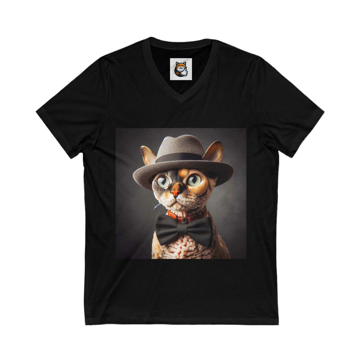 Devon Rex Cat hat and bow Jersey Short Sleeve V-Neck Tee