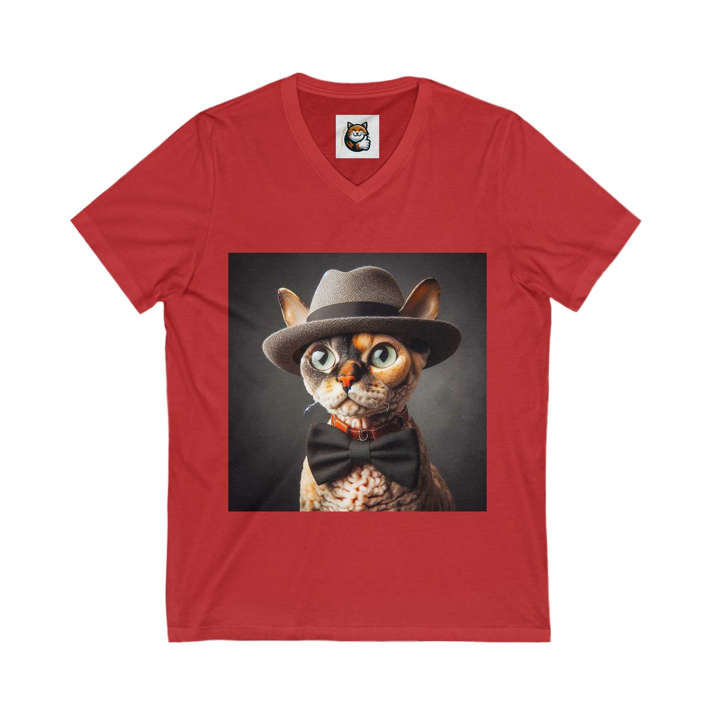 Devon Rex Cat hat and bow Jersey Short Sleeve V-Neck Tee
