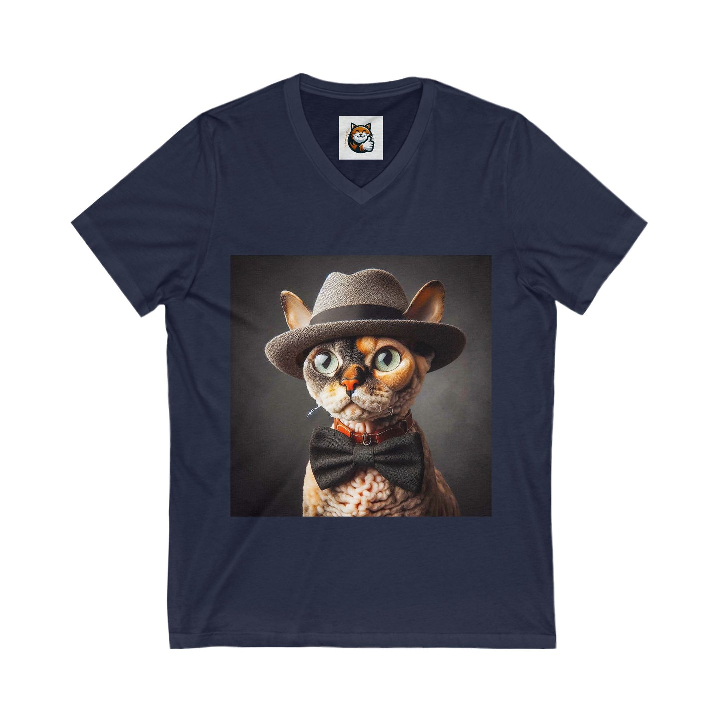 Devon Rex Cat hat and bow Jersey Short Sleeve V-Neck Tee