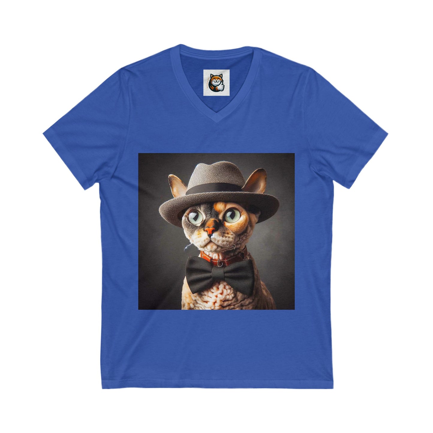 Devon Rex Cat hat and bow Jersey Short Sleeve V-Neck Tee