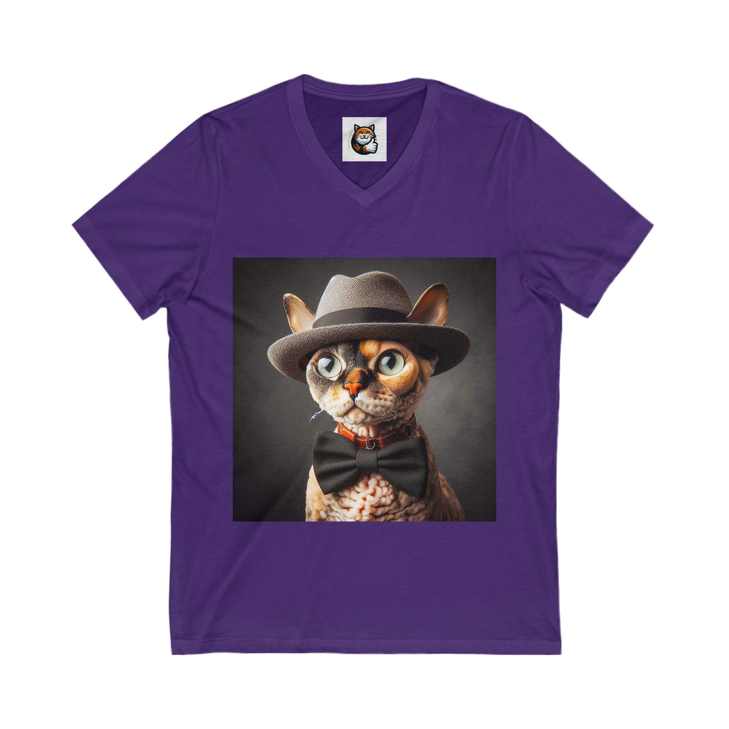 Devon Rex Cat hat and bow Jersey Short Sleeve V-Neck Tee