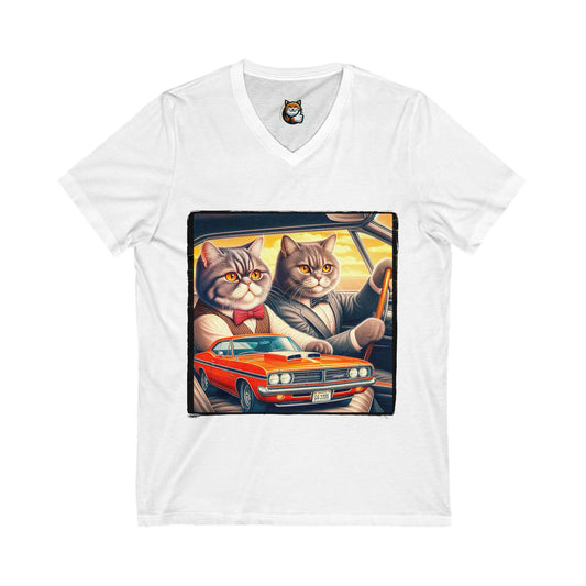 Wacky British friends driving Unisex Jersey Short Sleeve V-Neck Tee