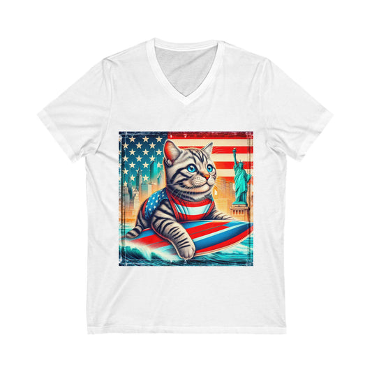 American Shorthair American flag Jersey Short Sleeve V-Neck Tee