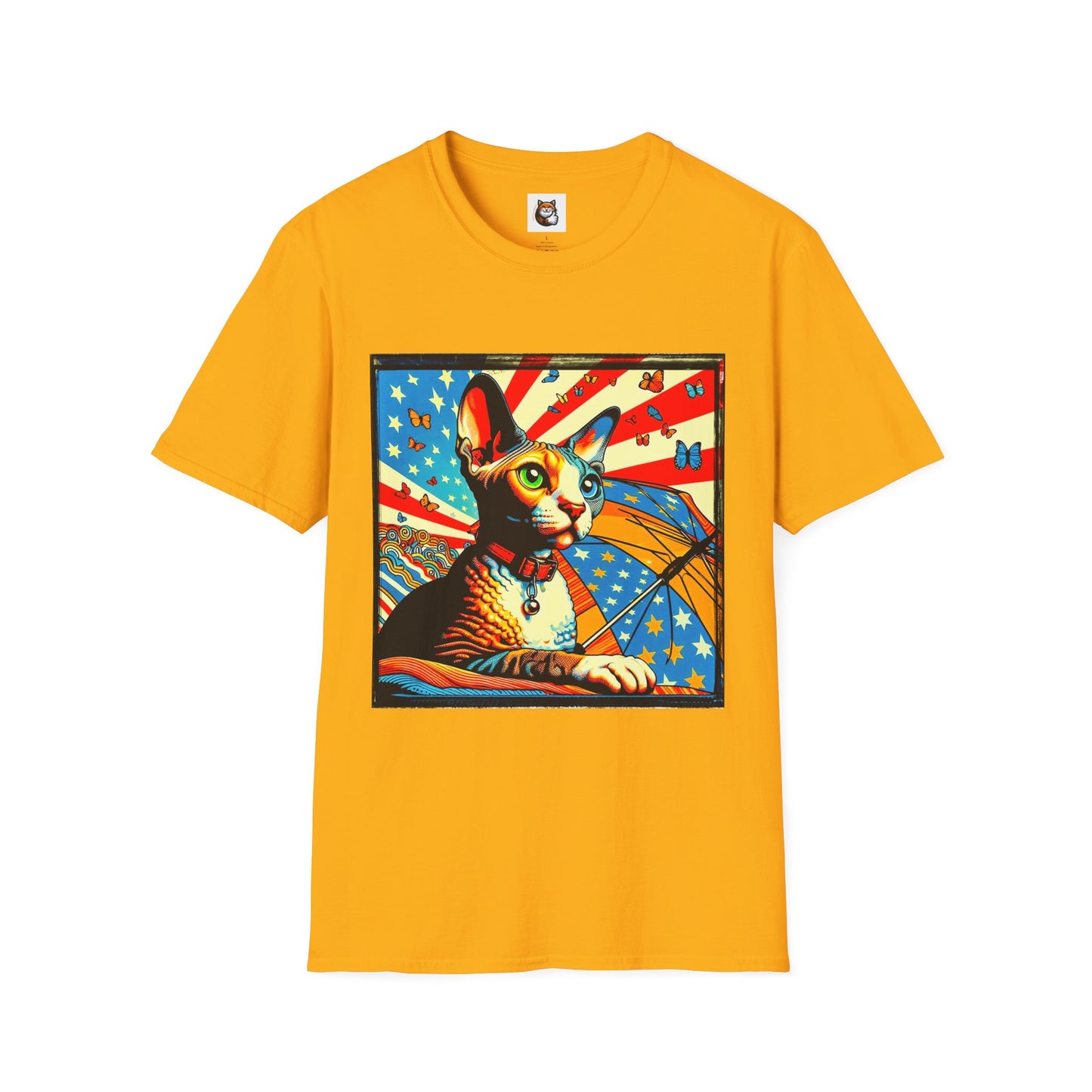 Devon Rex Cat American flag  Softstyle T-Shirt